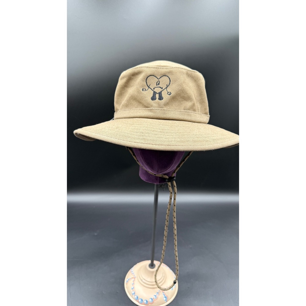 Bad Bunny Un Verano Sin Ti Tan Khaki Canvas Bucket Hat Sad Heart Logo Chin Strap